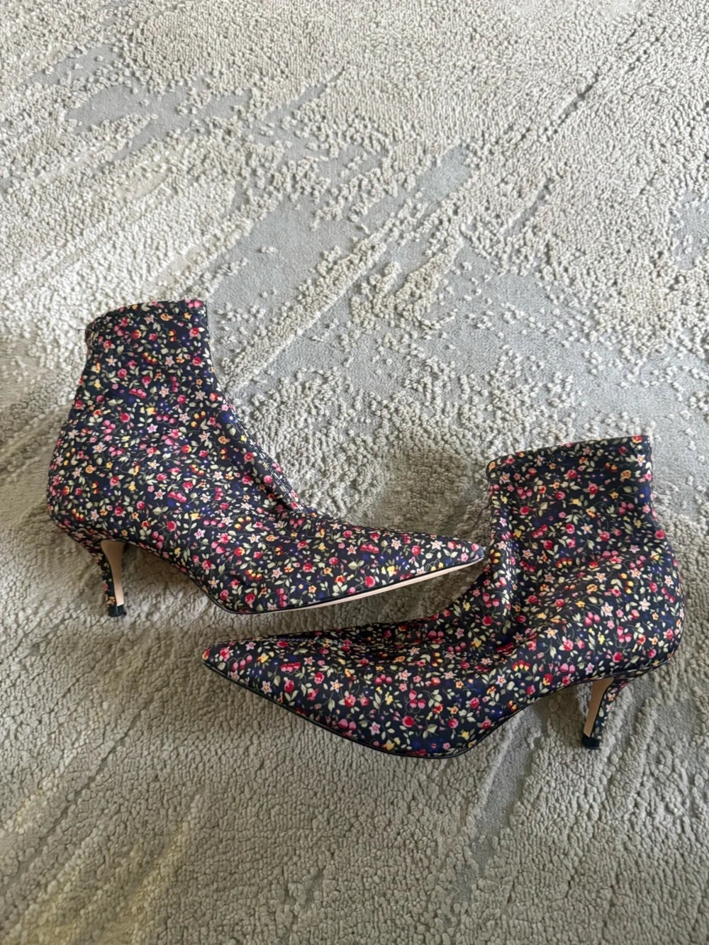 Zara black Floral ankle sock boots Pointed Toe slip on stretchy kitten heel 39 8
